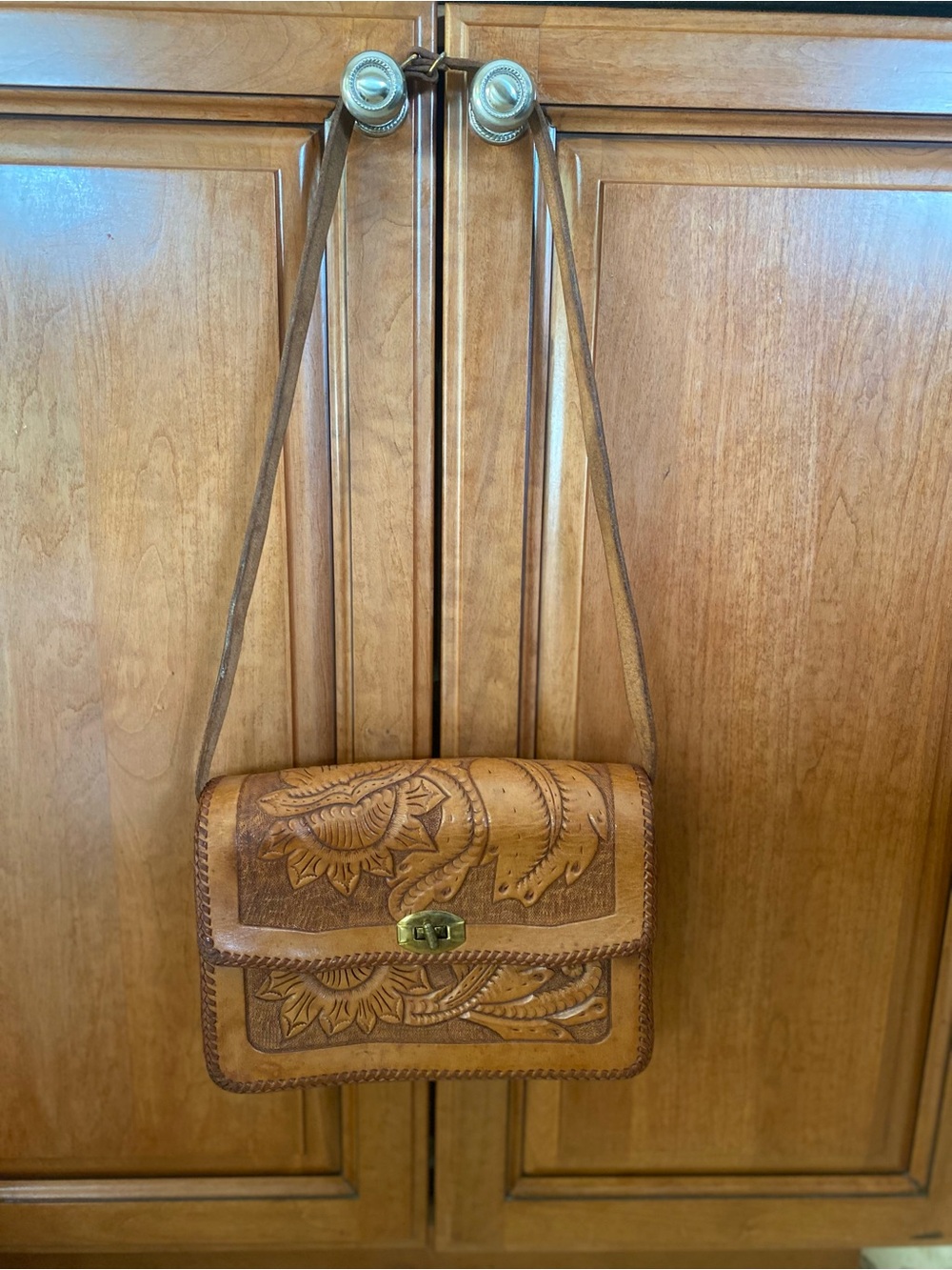 Vintage Tooled Leather Floral Crossbody Bag in Brown